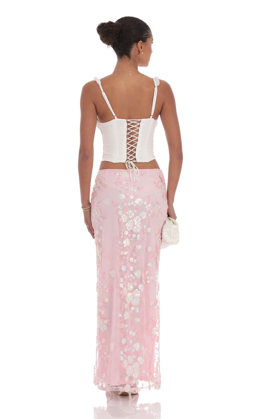 Picture Sequin Floral Mesh Maxi Skirt in Pink. Source: https://media-img.lucyinthesky.com/data/product-media/850xAUTO/b437160b-050a-4111-9df6-a1513244e744.jpg