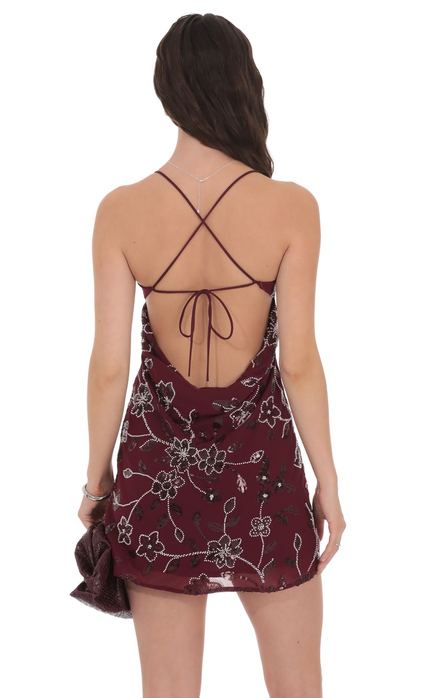 Product image for Floral Beaded Sequin Open Back Dress in Burgundy
