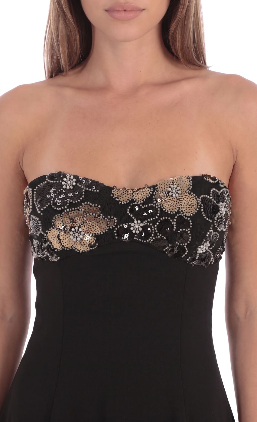 Product image for Beaded Bust Flare Mini Dress in Black and Gold