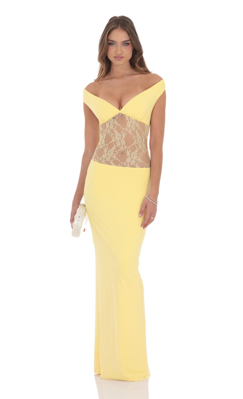 Picture Off Shoulder Lace Cutout Maxi Dress in Yellow. Source: https://media-img.lucyinthesky.com/data/product-media/850xAUTO/b4e0a69f-98b1-4e20-89df-58d0fc456e87.jpg