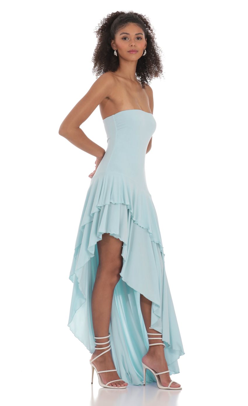 Product image for Strapless Ruffle Asymmetrical Maxi Dress in Blue