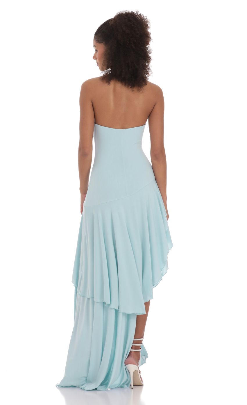 Product image for Strapless Ruffle Asymmetrical Maxi Dress in Blue