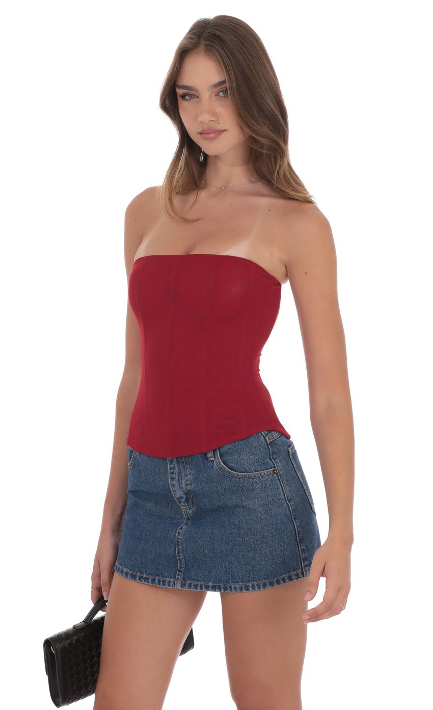 Product image for Sheer Mesh Strapless Corset Top in Red