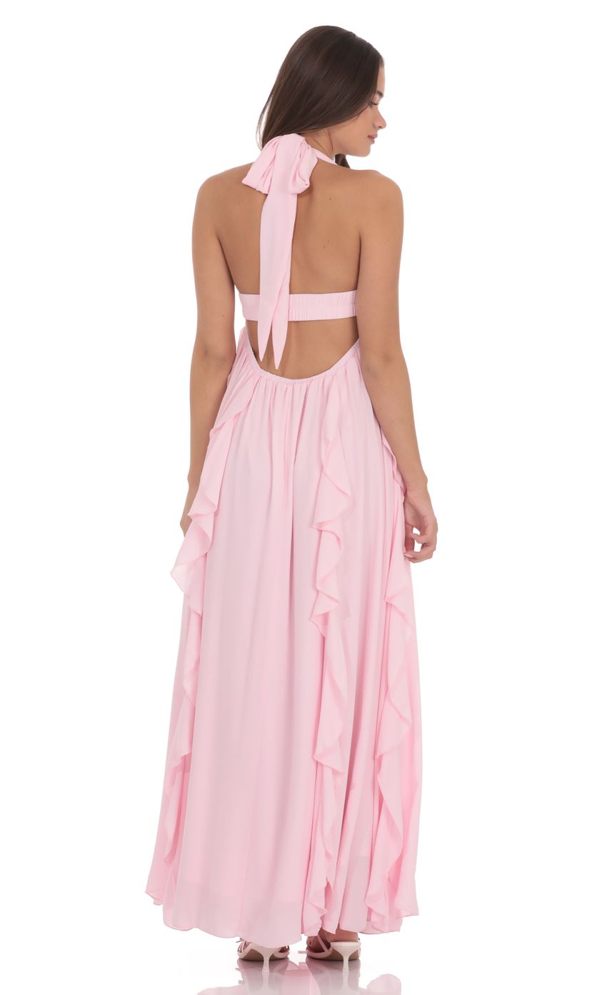 Product image for Halter Ruffle Babydoll Maxi Dress in Pink