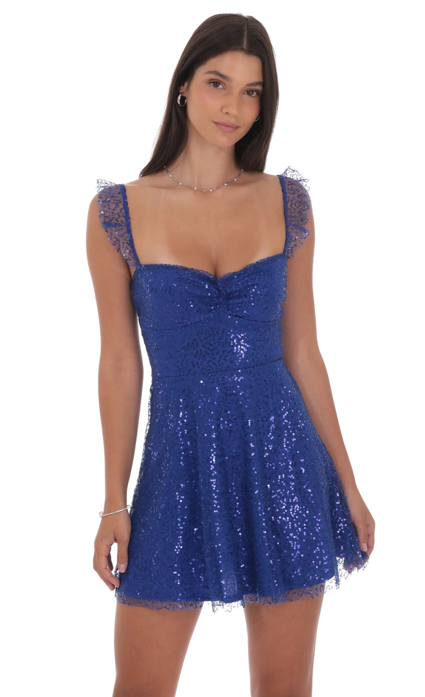 Product image for Sequin Ruffle Strap A-Line Dress in Blue