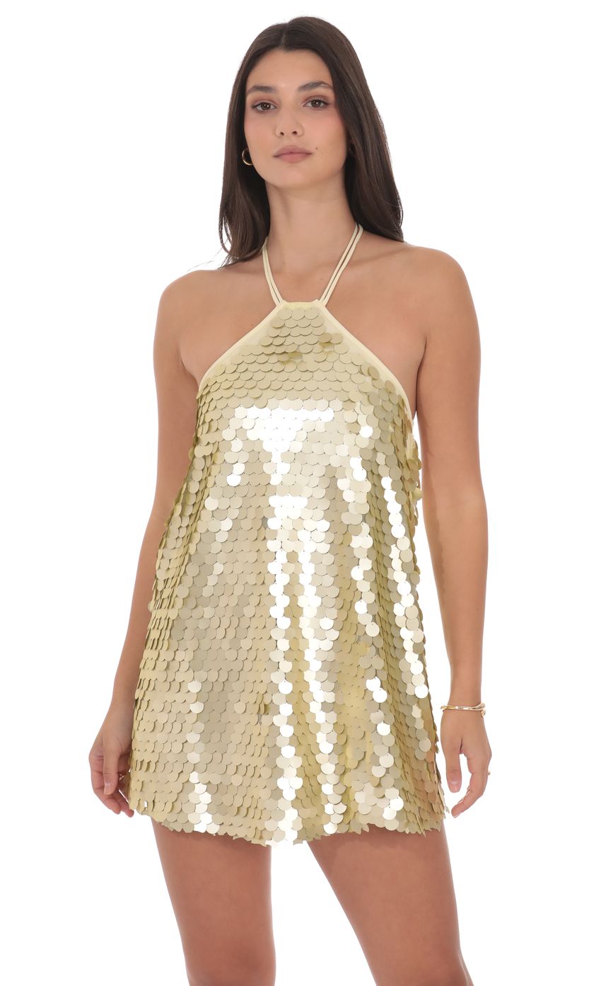 Product image for Circle Sequin Halter Shift Dress in Gold