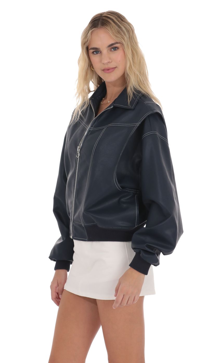 Product image for Faux Leather Bomber in Navy