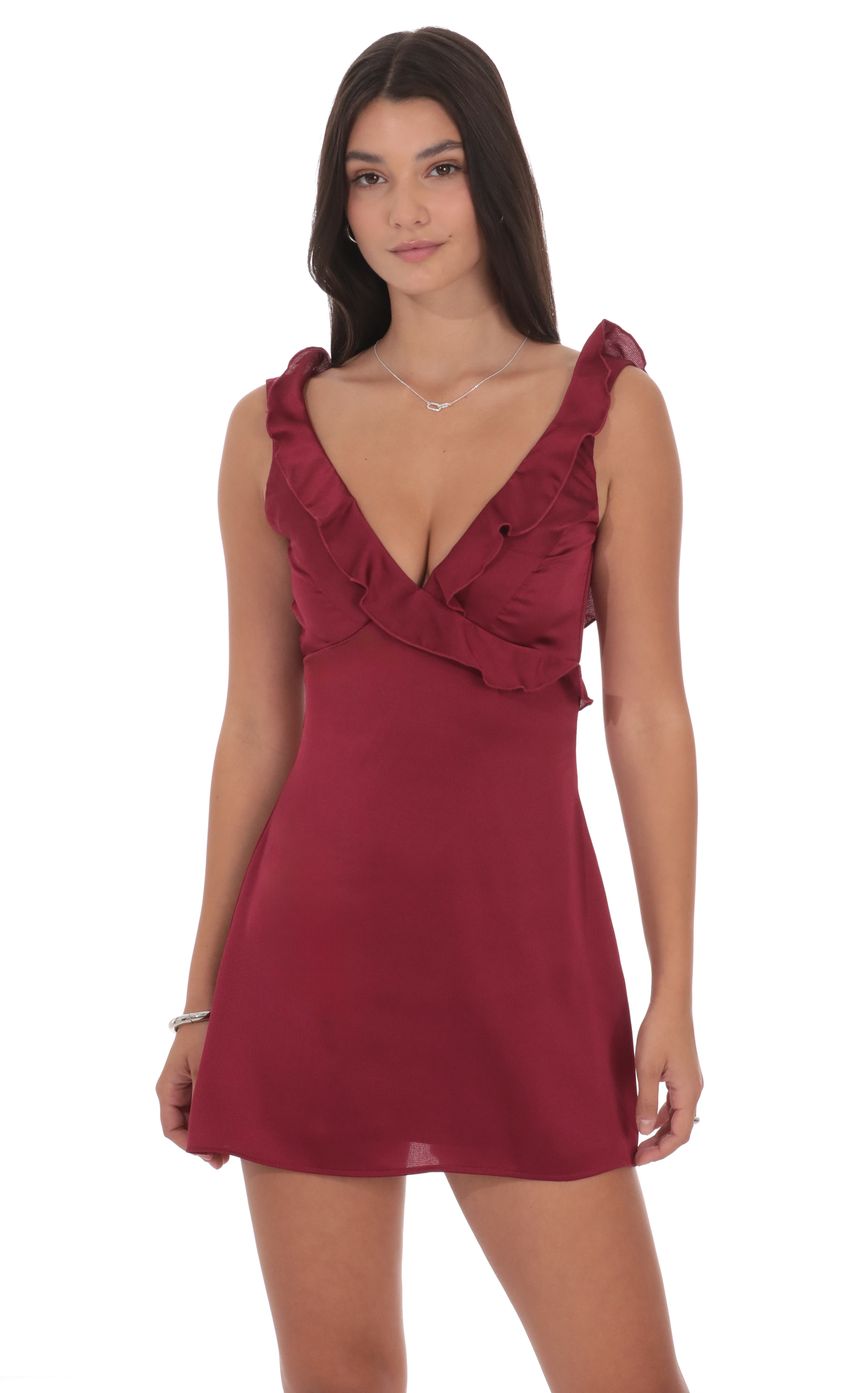 Product image for Satin Ruffle V-Neck Dress in Maroon