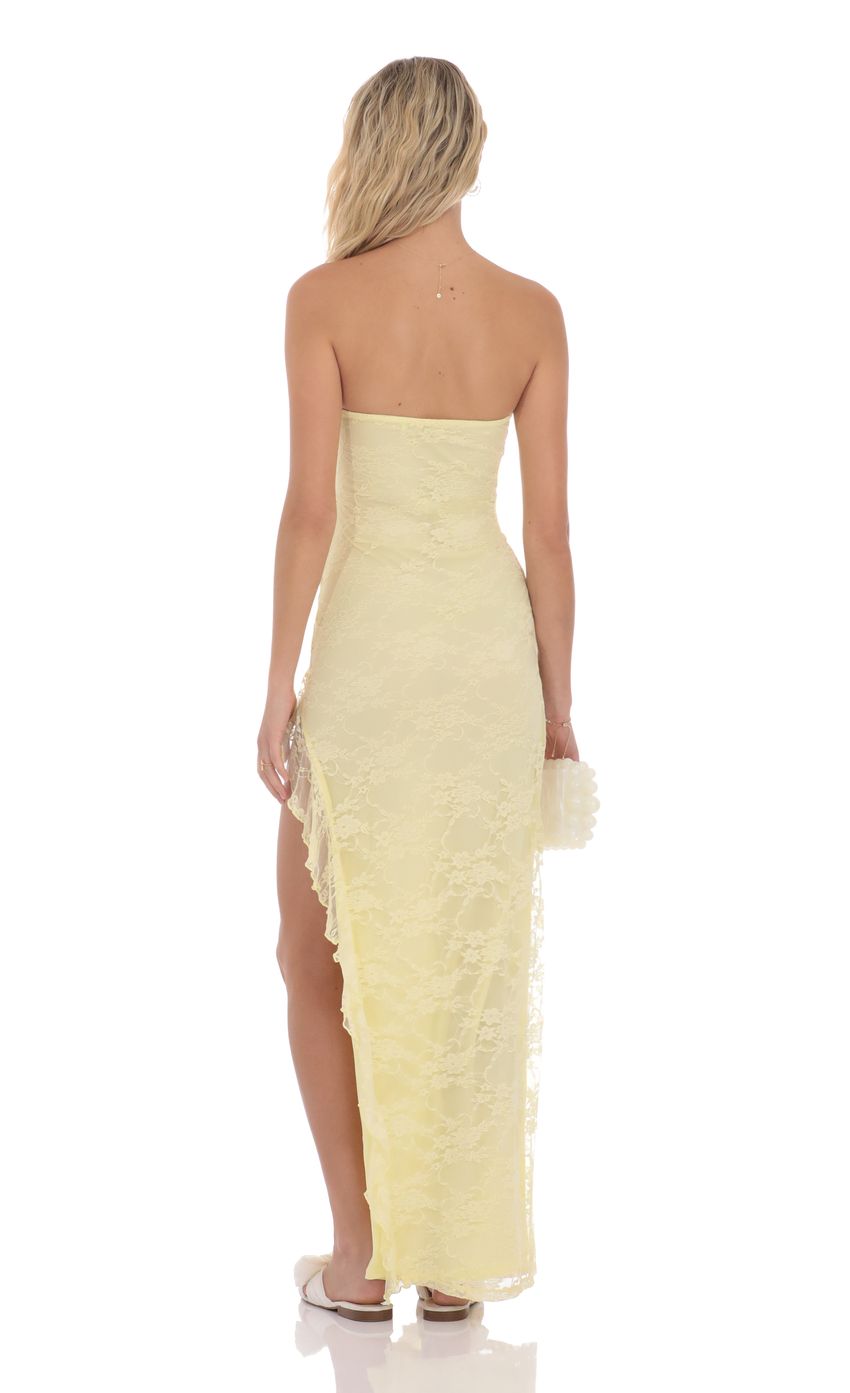 Picture Lace Ruffle Slit Maxi Dress in Yellow. Source: https://media-img.lucyinthesky.com/data/product-media/850xAUTO/b6740298-335d-4831-a442-afe639546bda.jpg