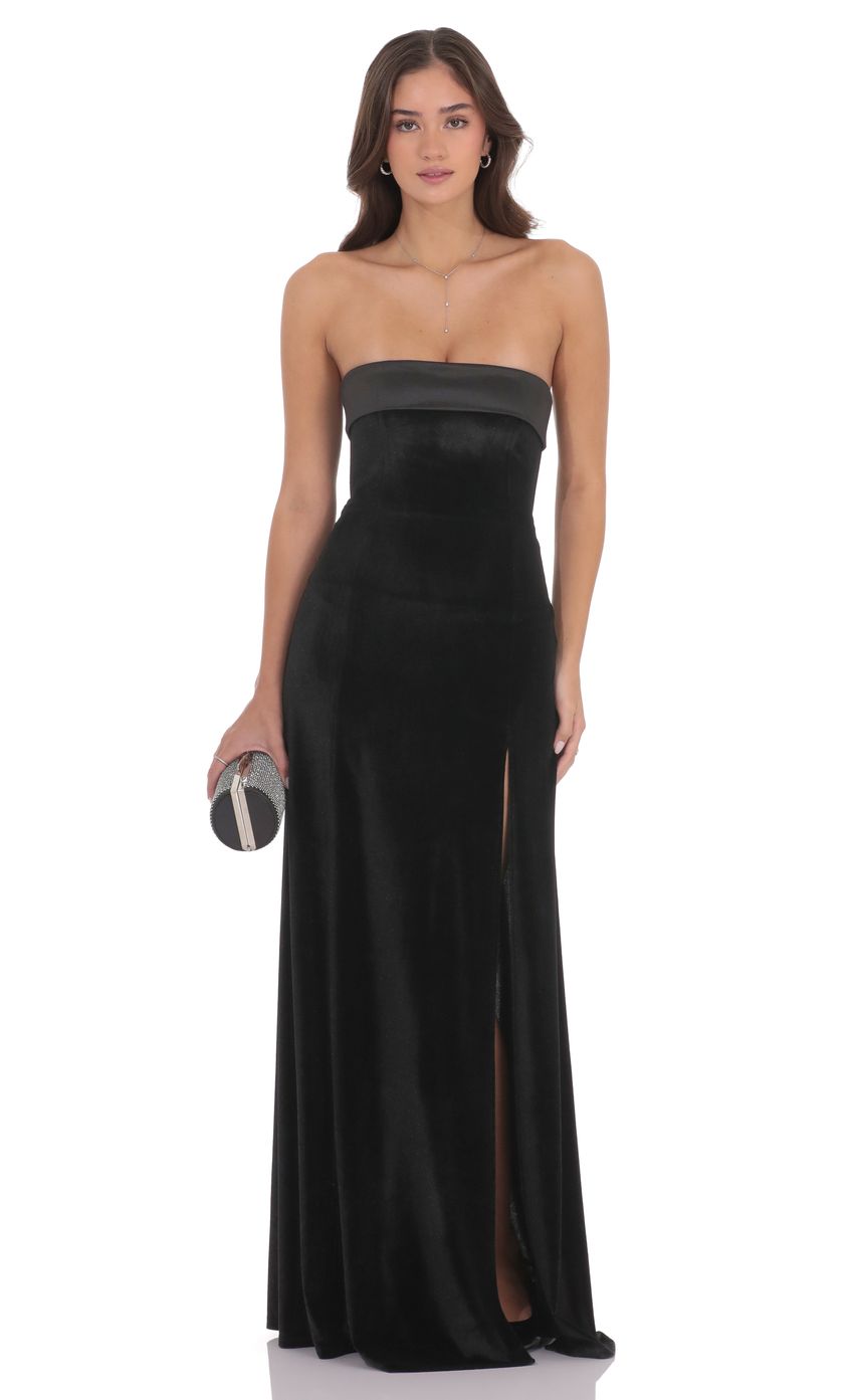Product image for Satin Trim Velvet Strapless Maxi Dress in Black