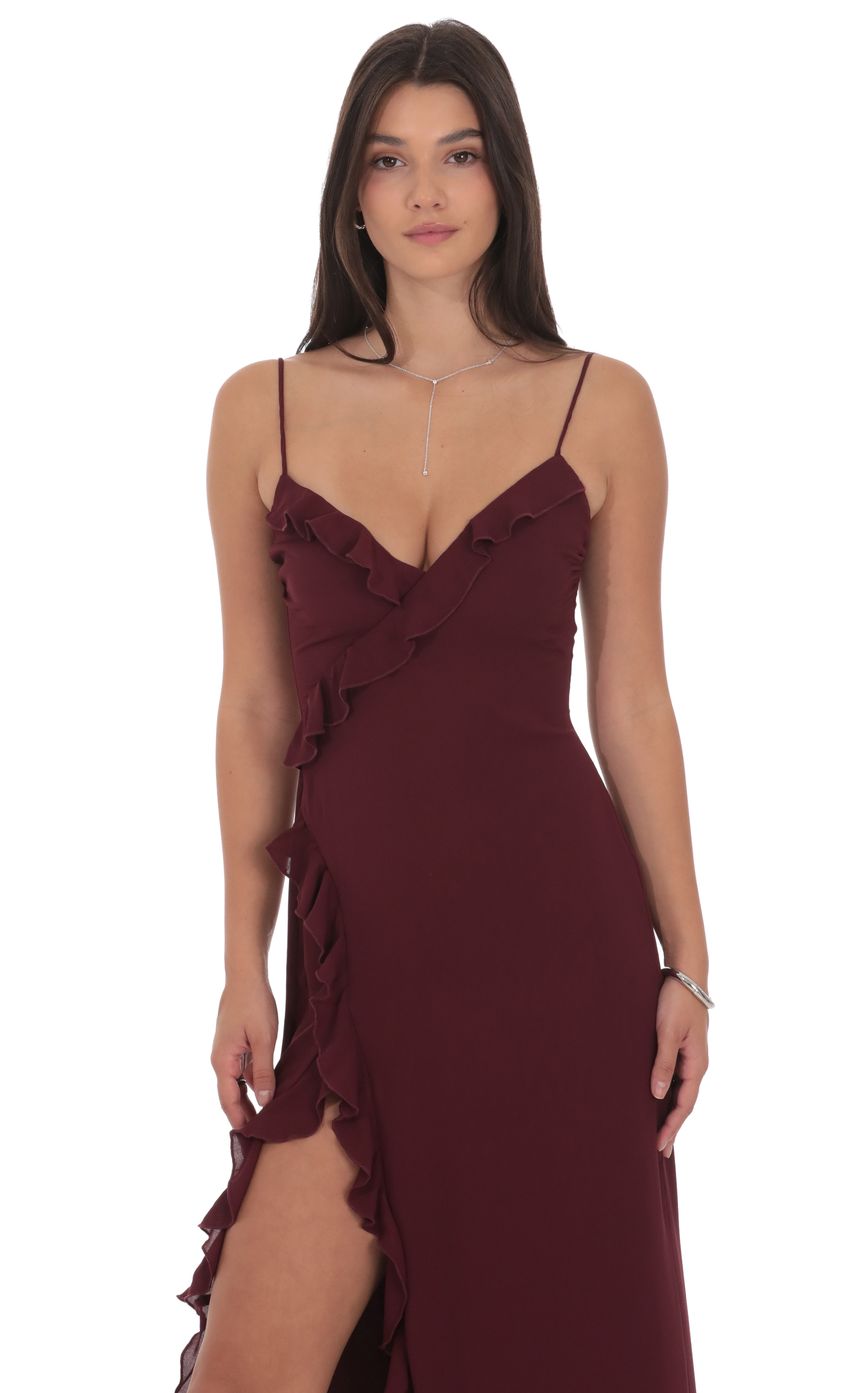 Product image for Ruffle V-Neck Maxi Dress in Burgundy