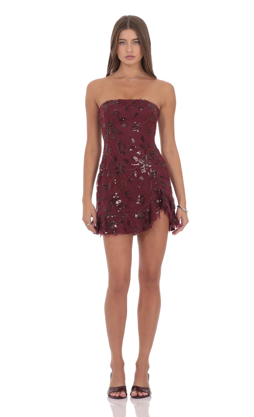 Product image for Strapless Sequin Floral Ruffle Dress in Burgundy