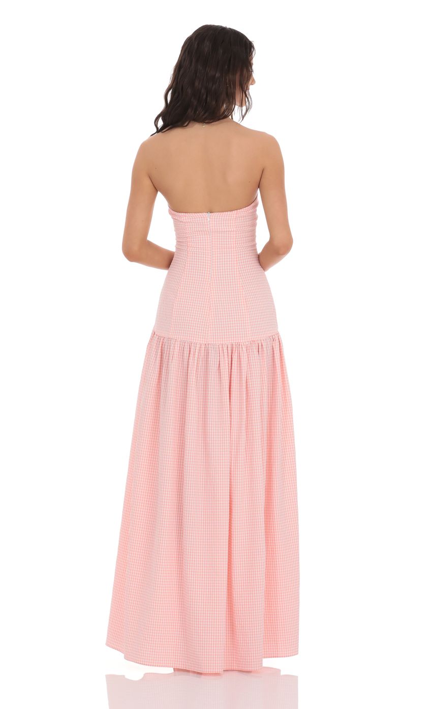 Picture Gingham Strapless Drop Waist Maxi Dress in Pink. Source: https://media-img.lucyinthesky.com/data/product-media/850xAUTO/b75bb139-450c-40a3-806a-bbc44c921c55.jpg