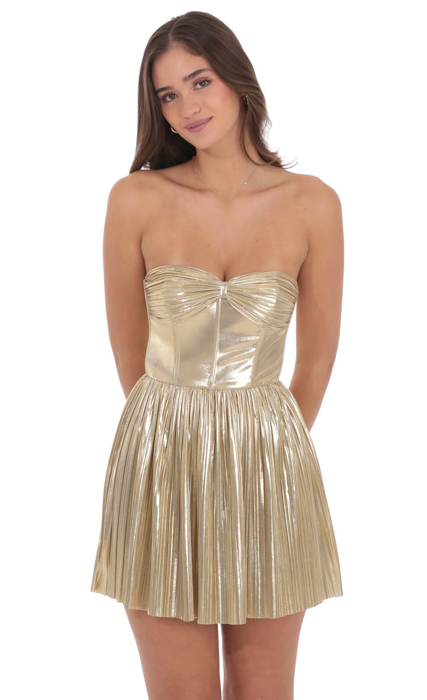 Product image for Metallic Pleated Corset A-line Dress in Gold