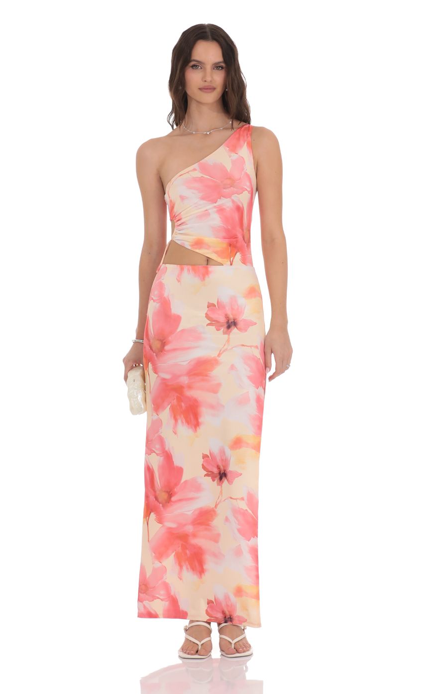 Picture Floral One Shoulder Cutout Maxi Dress in Orange. Source: https://media-img.lucyinthesky.com/data/product-media/850xAUTO/b7e2bfef-731e-423d-8d0f-fd4079ef80af.jpg