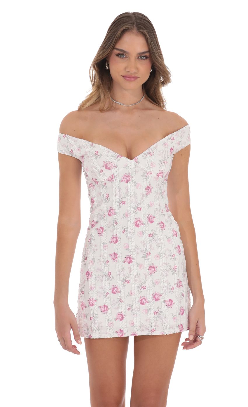 Picture Off Shoulder Lace Floral Dress in White. Source: https://media-img.lucyinthesky.com/data/product-media/850xAUTO/b821e2ef-2d52-4a68-9b7e-b46e7eb9e7cf.jpg
