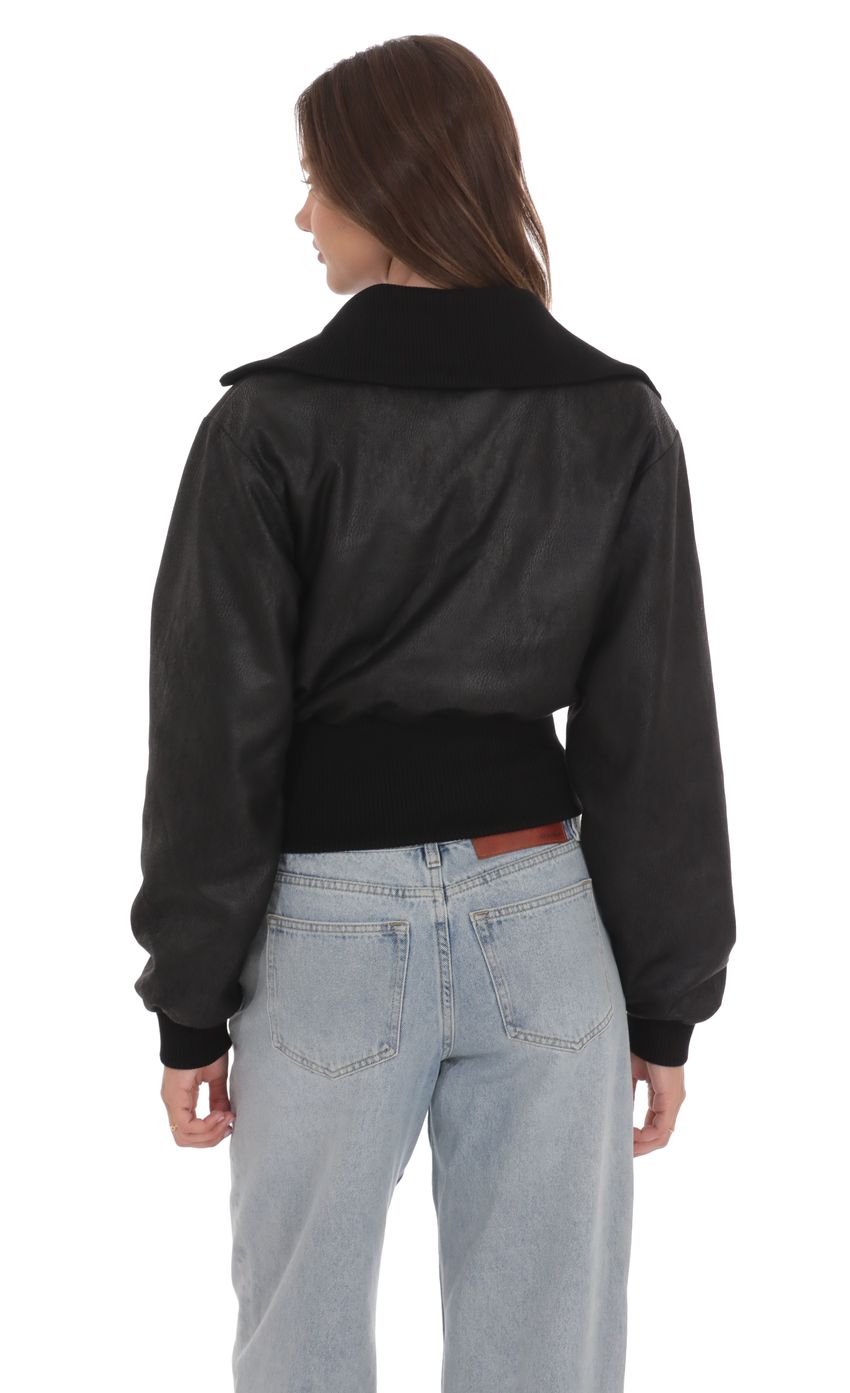 Product image for Cinched Faux Leather Bomber Jacket in Black