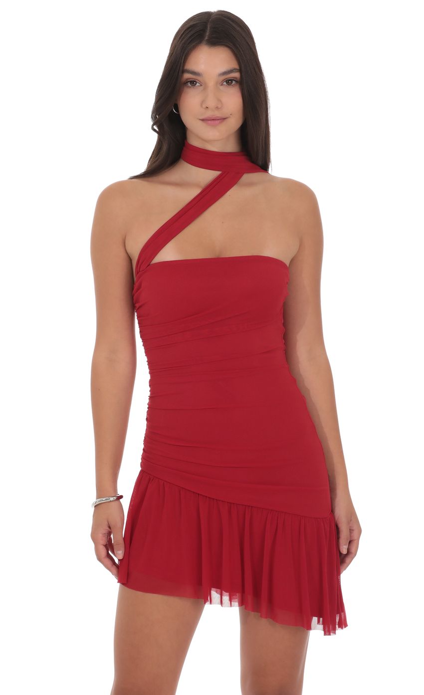 Product image for Asymmetrical Mesh Scarf Dress in Red
