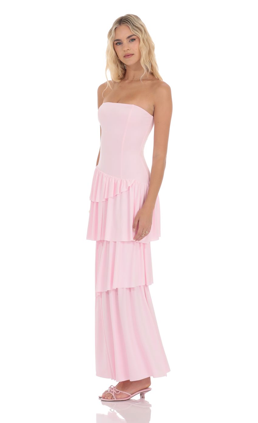 Picture Strapless Asymmetrical Ruffle Maxi Dress in Pink. Source: https://media-img.lucyinthesky.com/data/product-media/850xAUTO/b9404c38-6bd8-4d7f-b063-b3ed7083b55a.jpg