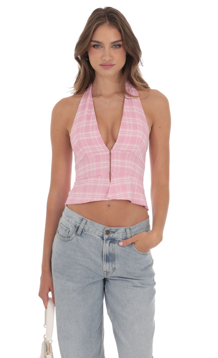 Product image for Plaid V-Neck Halter Top in Pink