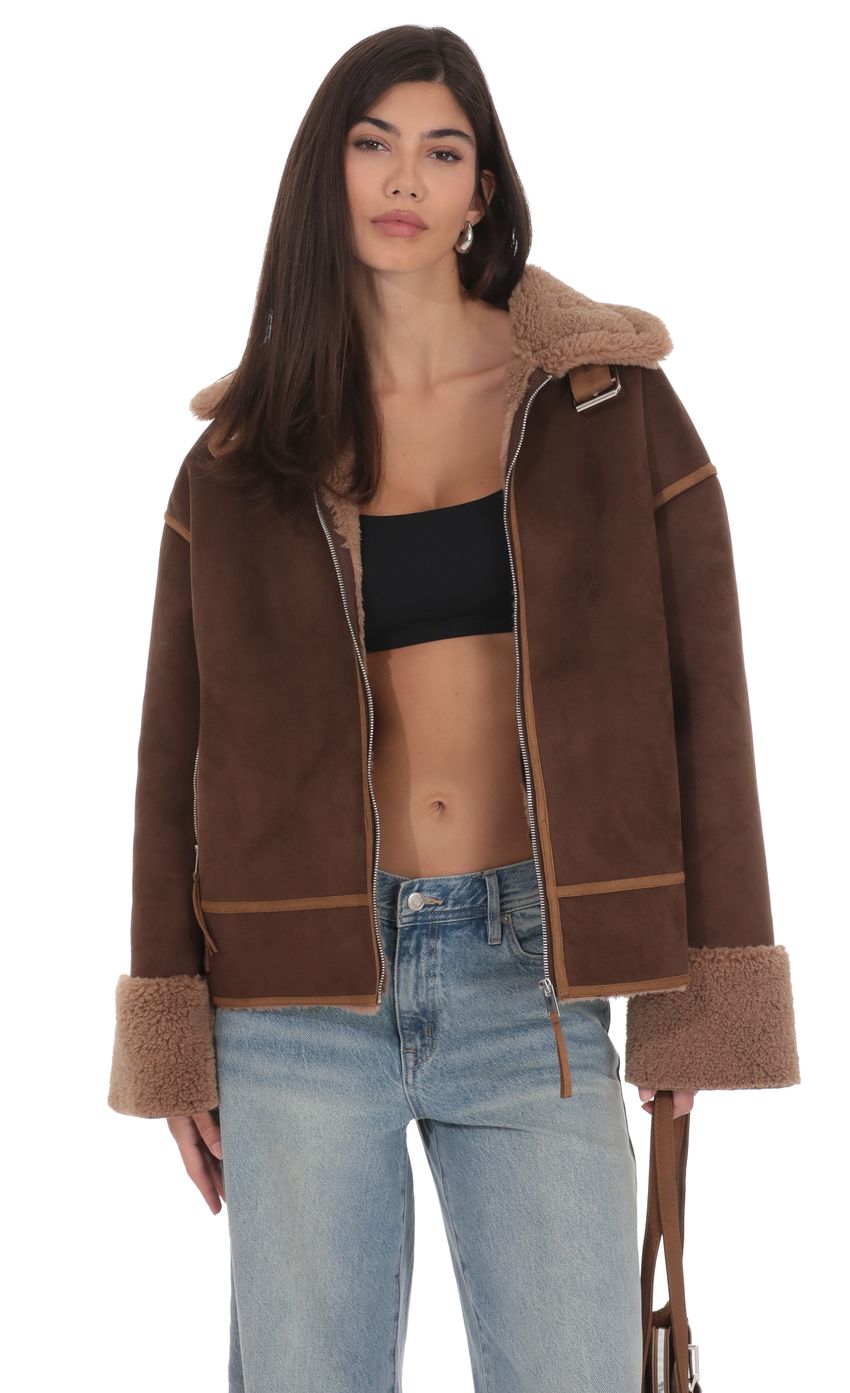 Product image for Suede Sherpa Lined Jacket in Brown