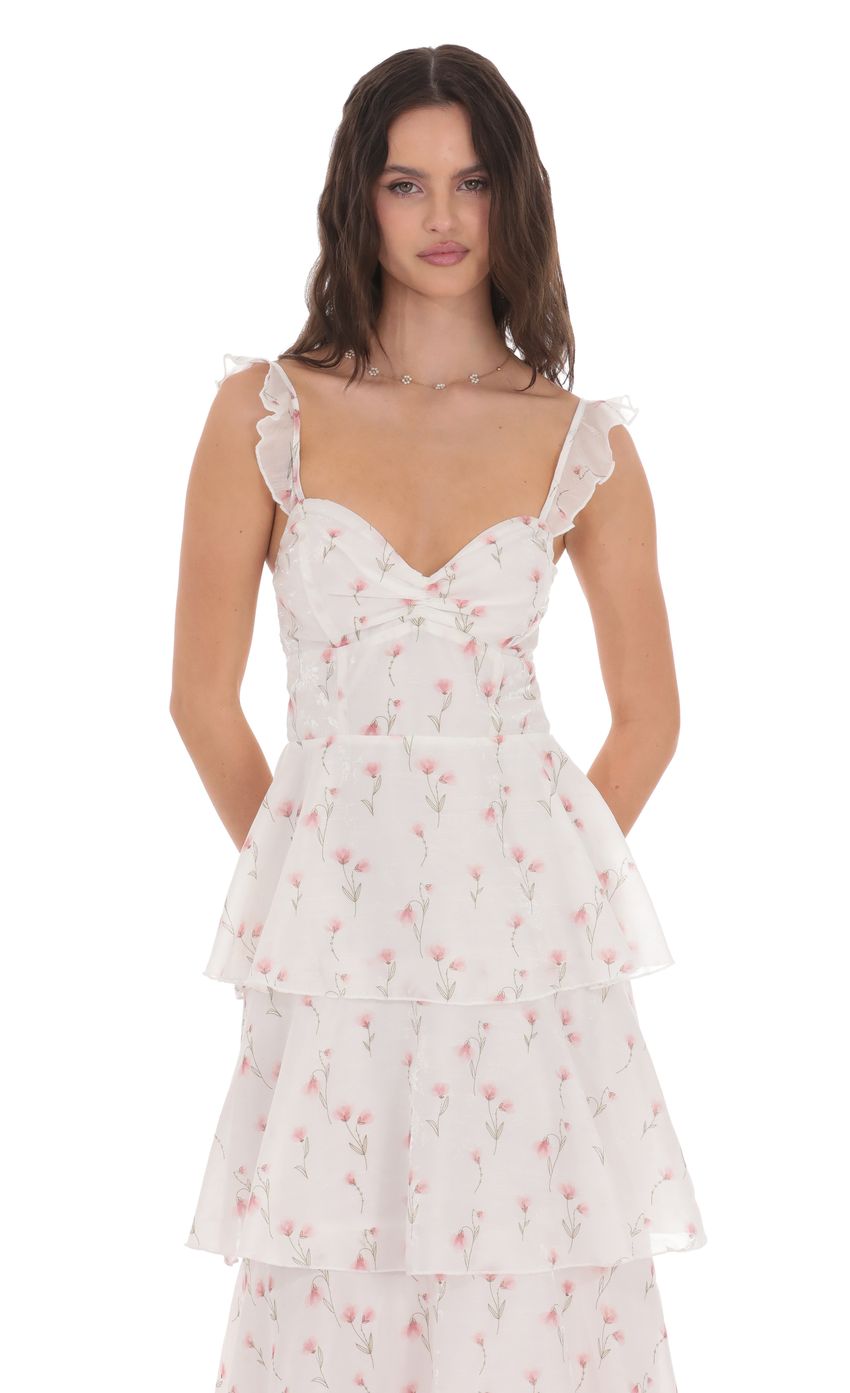 Picture Floral Ruffle Maxi Dress in White. Source: https://media-img.lucyinthesky.com/data/product-media/850xAUTO/ba2c82f5-4398-4e70-8128-c340393dfb5b.jpg