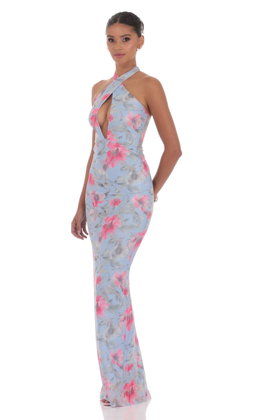 Picture Floral Cutout Halter Maxi Dress in Blue. Source: https://media-img.lucyinthesky.com/data/product-media/850xAUTO/ba2f03d7-0ad7-4f47-920a-116219b15127.jpg