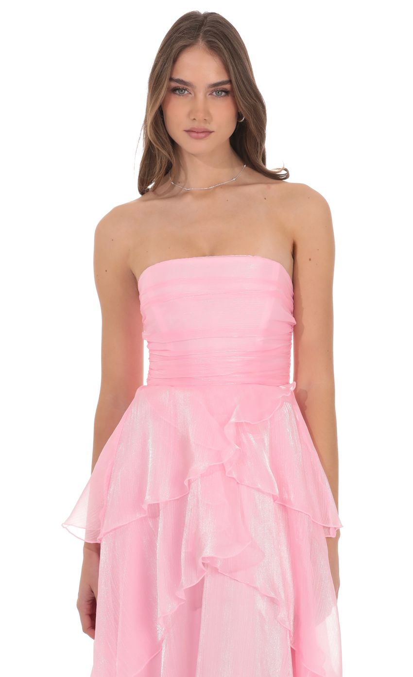 Product image for Corset Petal Ruffle Strapless Maxi Dress in Pink