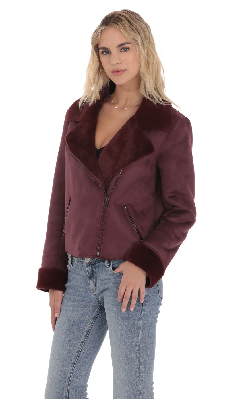 Product image for Fur Collar Suede Jacket in Purple
