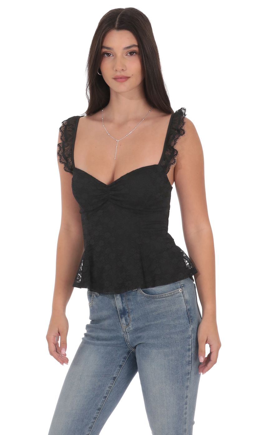 Product image for Lace Ruffle Strap Top in Black