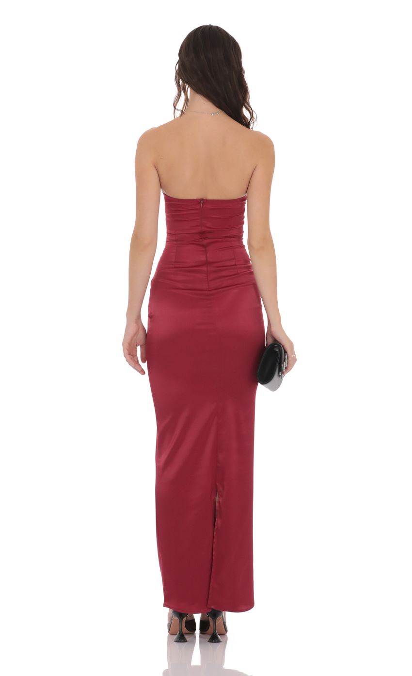 Product image for Satin V-Strapless Maxi Dress in Maroon