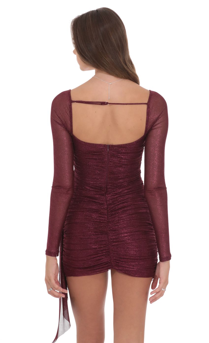 Product image for Foil Mesh Long Sleeve Tassel Dress in Burgundy