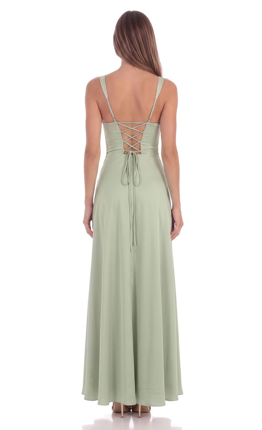 Product image for Satin Plunge Neck Corset Maxi Dress in Sage
