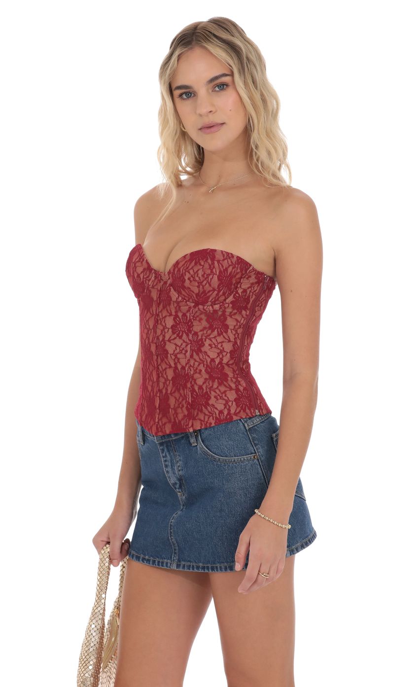 Product image for Strapless Lace Corset Top in Red and Tan