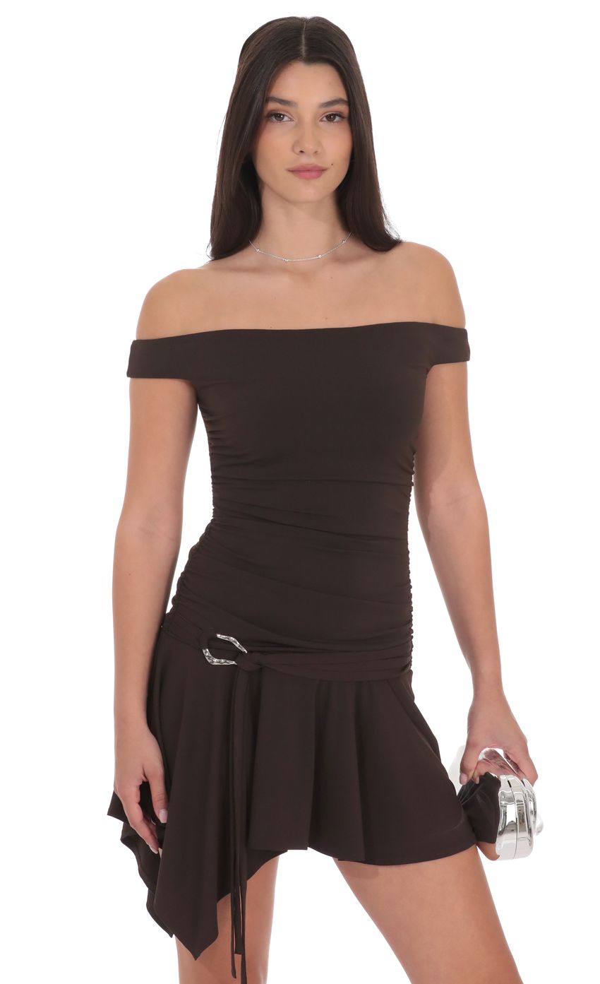 Product image for Embellished Off Shoulder Flare Dress in Brown