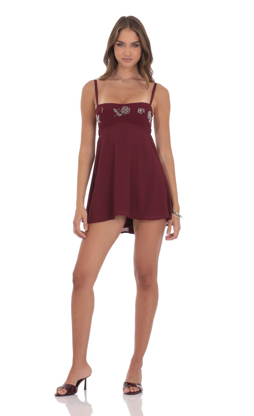 Product image for Beaded Floral Babydoll Dress in Burgundy