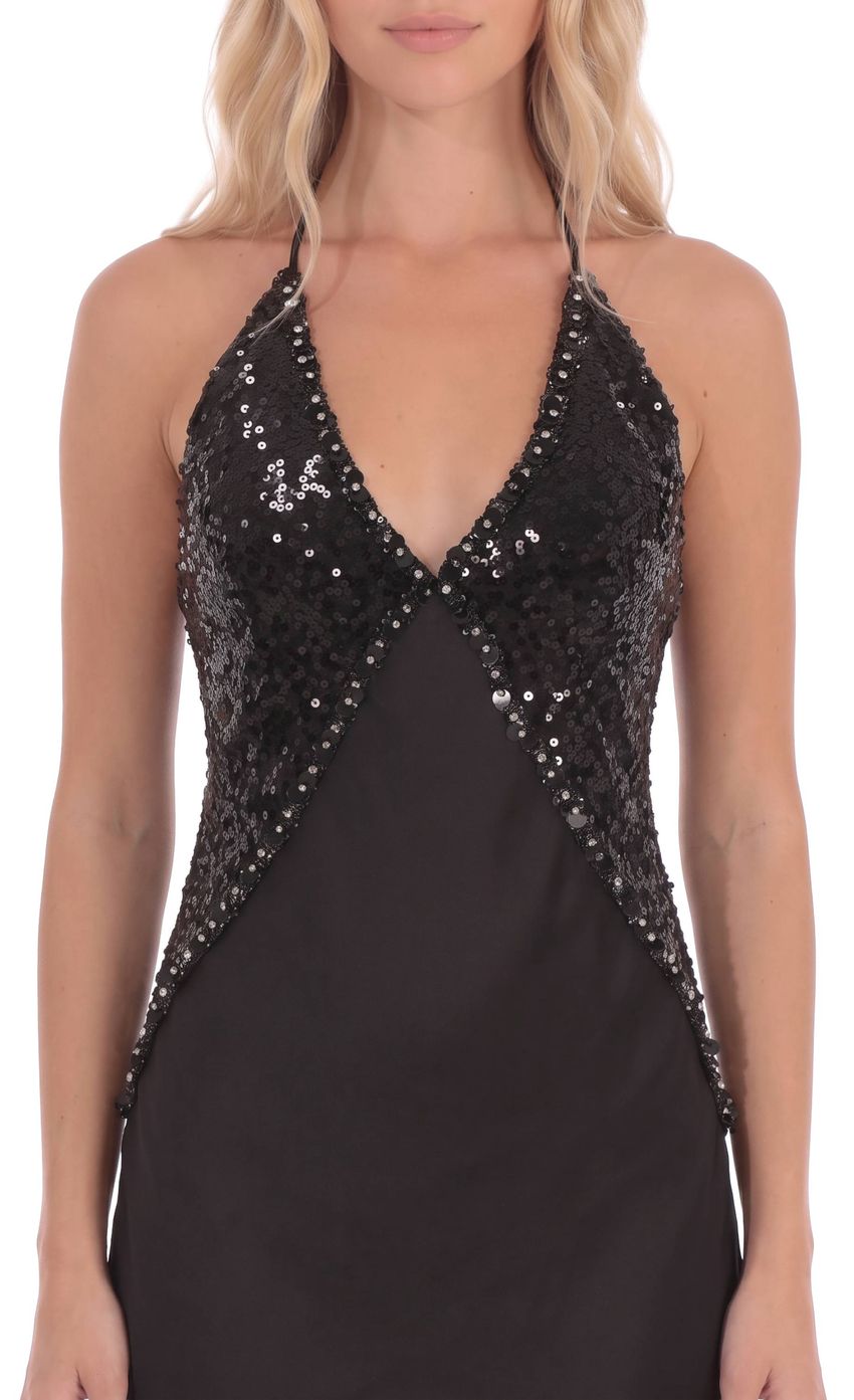 Product image for Sequin Trim Halter Mini Dress in Black