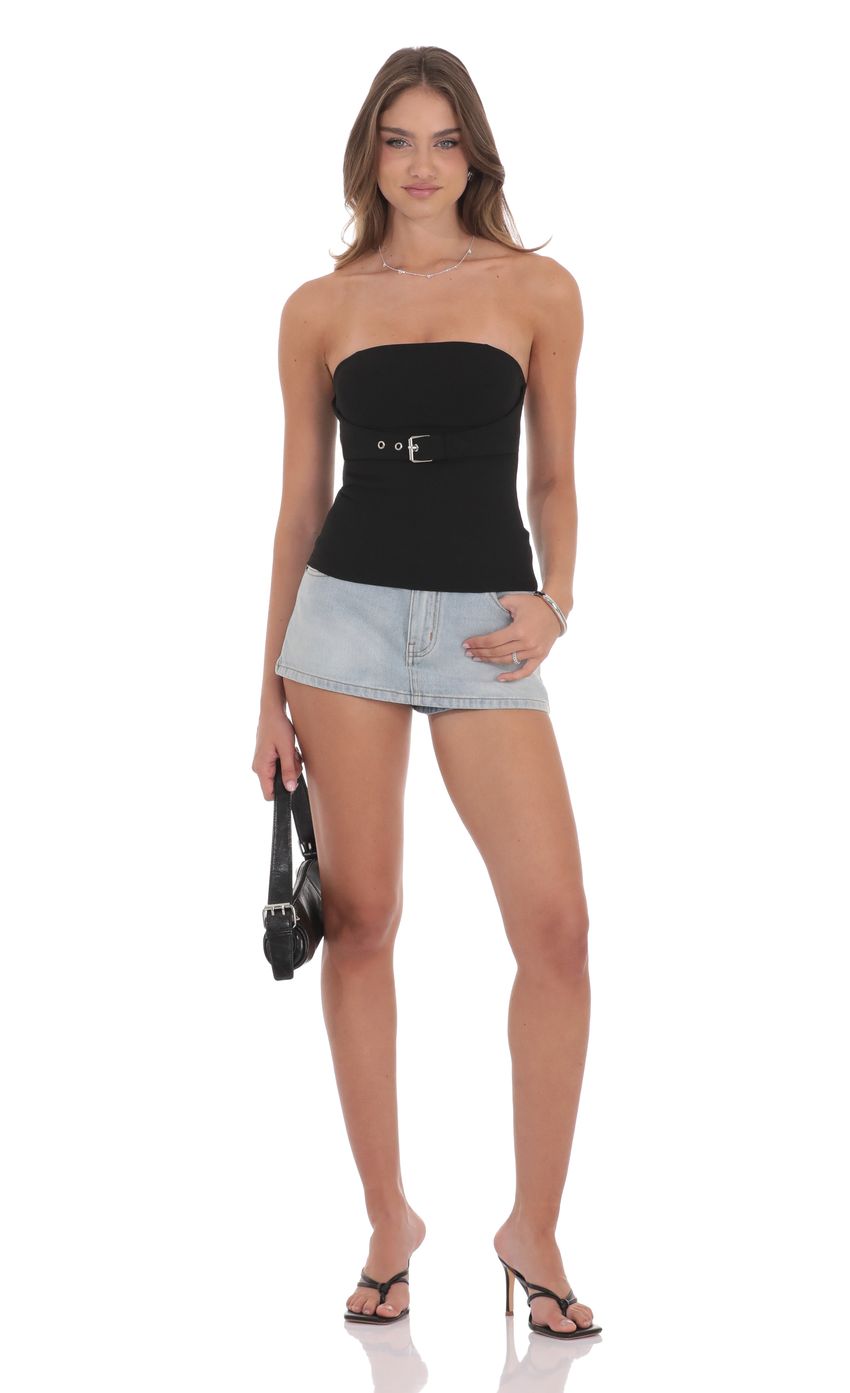 Picture Strapless Buckle Top in Black. Source: https://media-img.lucyinthesky.com/data/product-media/850xAUTO/beb18e4a-d6ee-44d8-ad14-853341f9384e.jpg