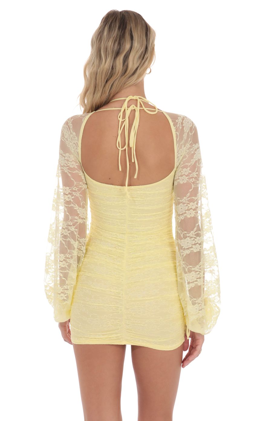 Product image for Lace Ruched Long Sleeve Dress in Yellow