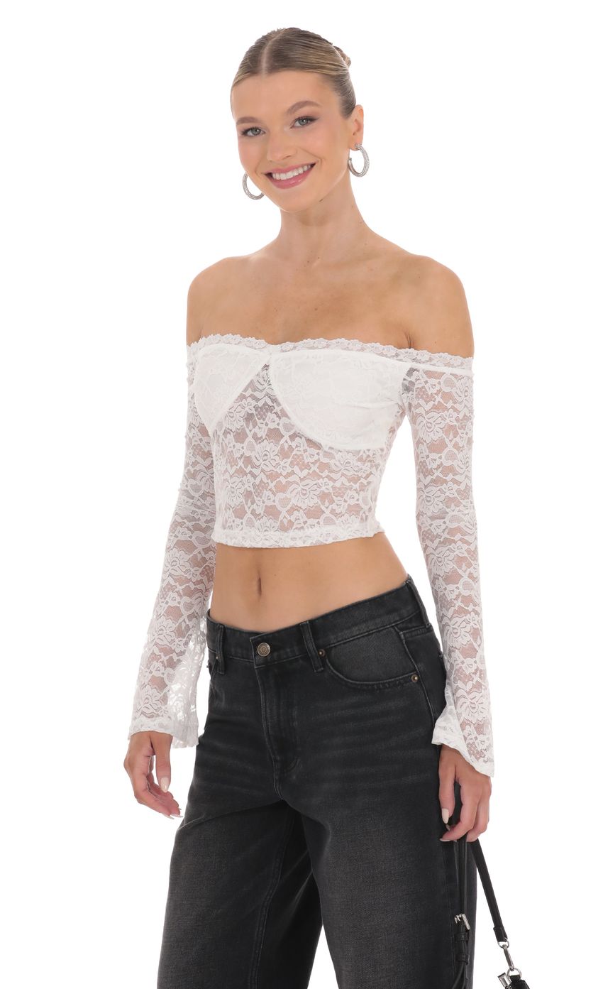 Picture Off Shoulder Sheer Lace Top in White. Source: https://media-img.lucyinthesky.com/data/product-media/850xAUTO/bf21b0c4-858d-4e59-a52f-555ea93d0db0.jpg