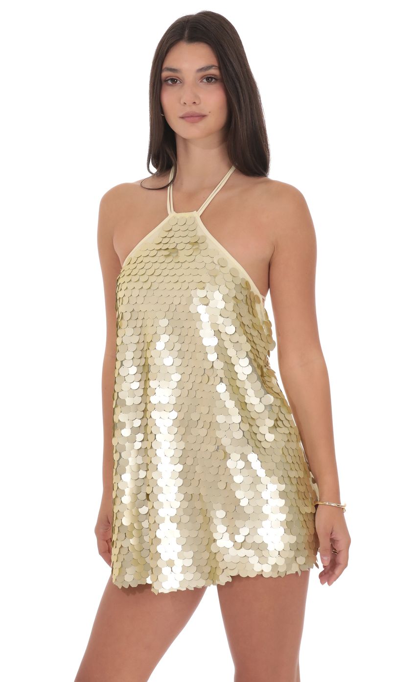 Product image for Circle Sequin Halter Shift Dress in Gold