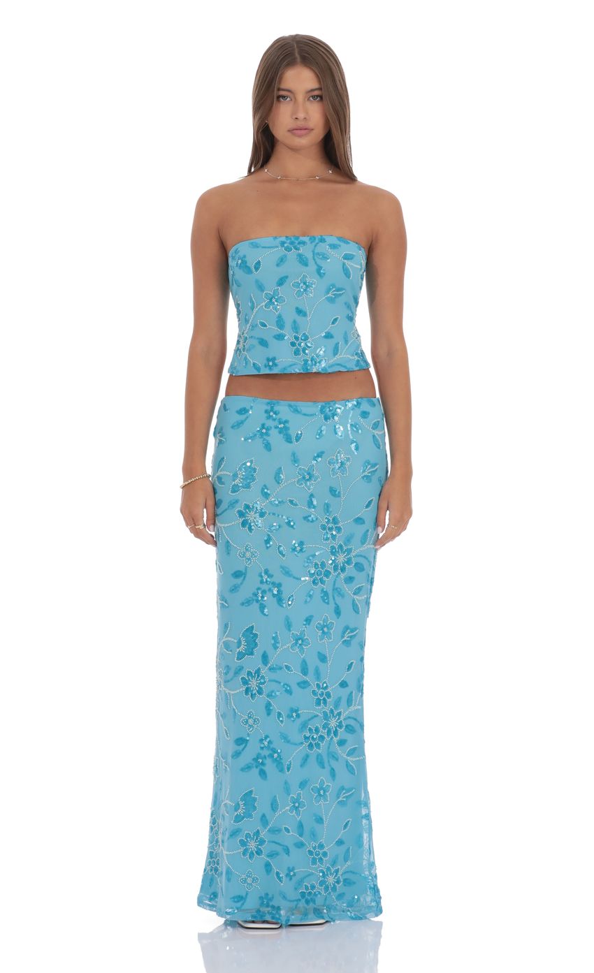 Product image for Strapless Beaded Floral Top in Aqua Blue