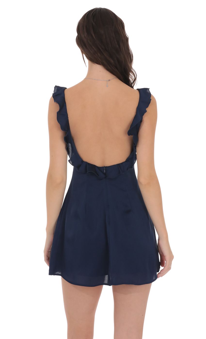 Product image for Satin Ruffle V-Neck Dress in Navy