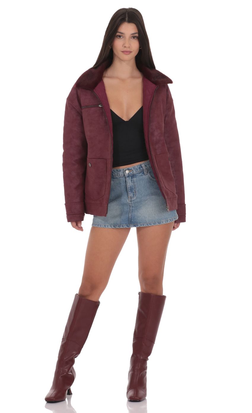 Product image for Oversized Fur Collar Jacket in Burgundy