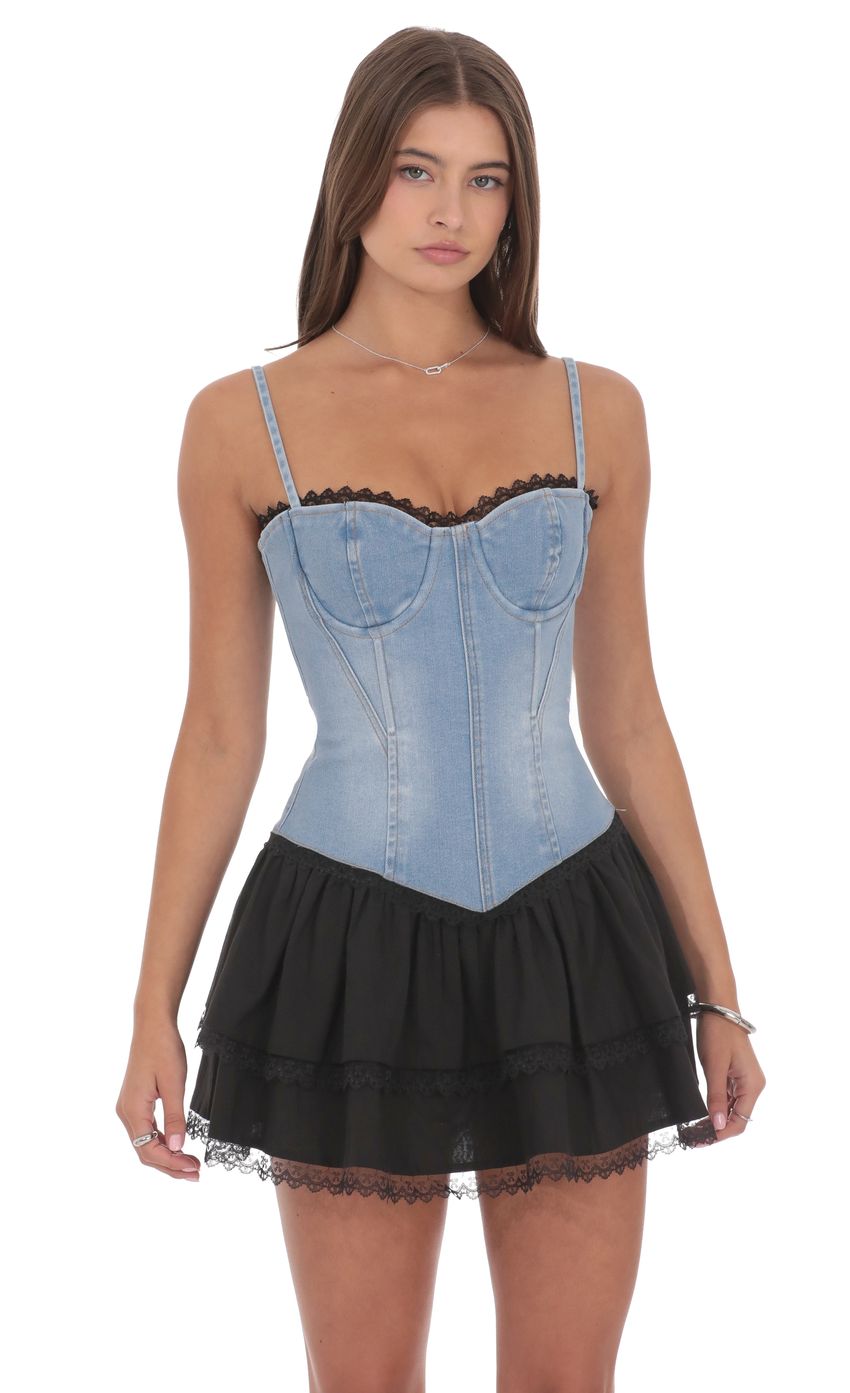 Product image for Two Toned Denim Ruffle Dress in Blue and Black