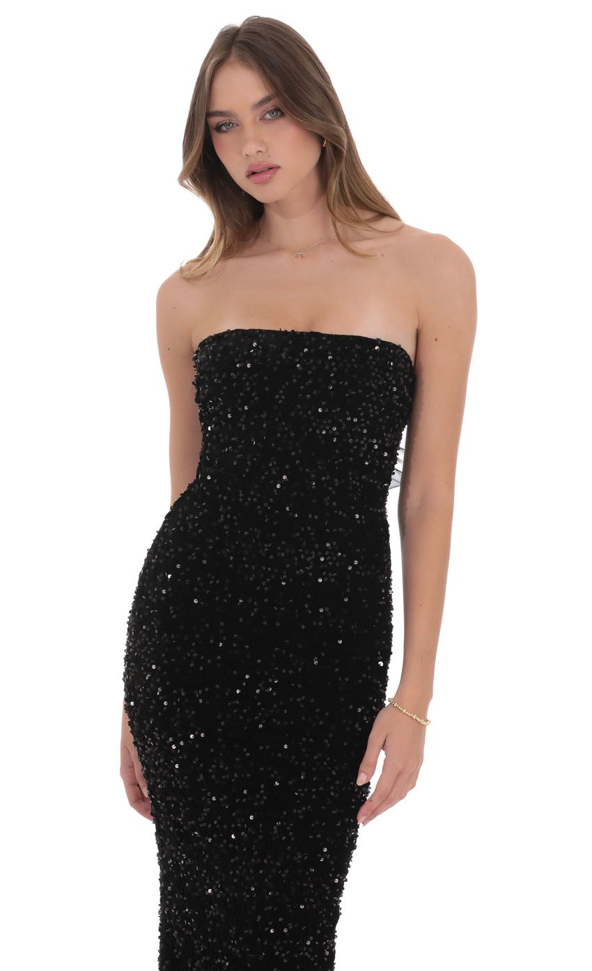 Picture Velvet Sequin Strapless Maxi Dress in Black. Source: https://media-img.lucyinthesky.com/data/product-media/850xAUTO/c38dec15-b8ef-47dd-b8ec-b70bdfda91ee.jpg