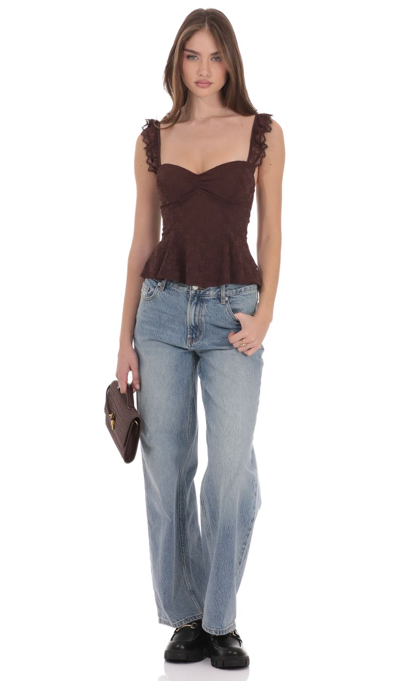Product image for Lace Ruffle Strap Top in Brown
