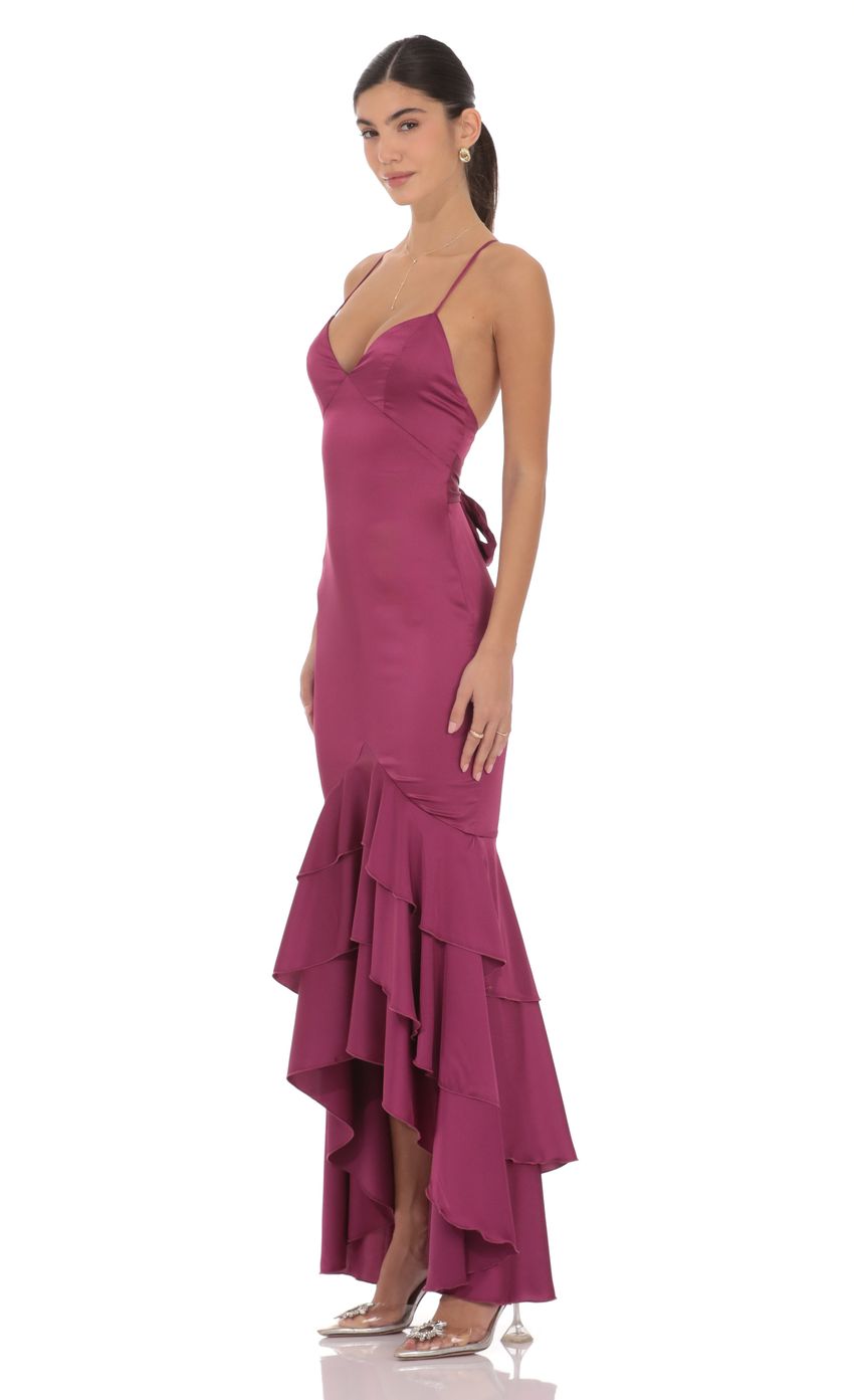 Product image for Satin Ruffle Fishtail Maxi Dress in Magenta