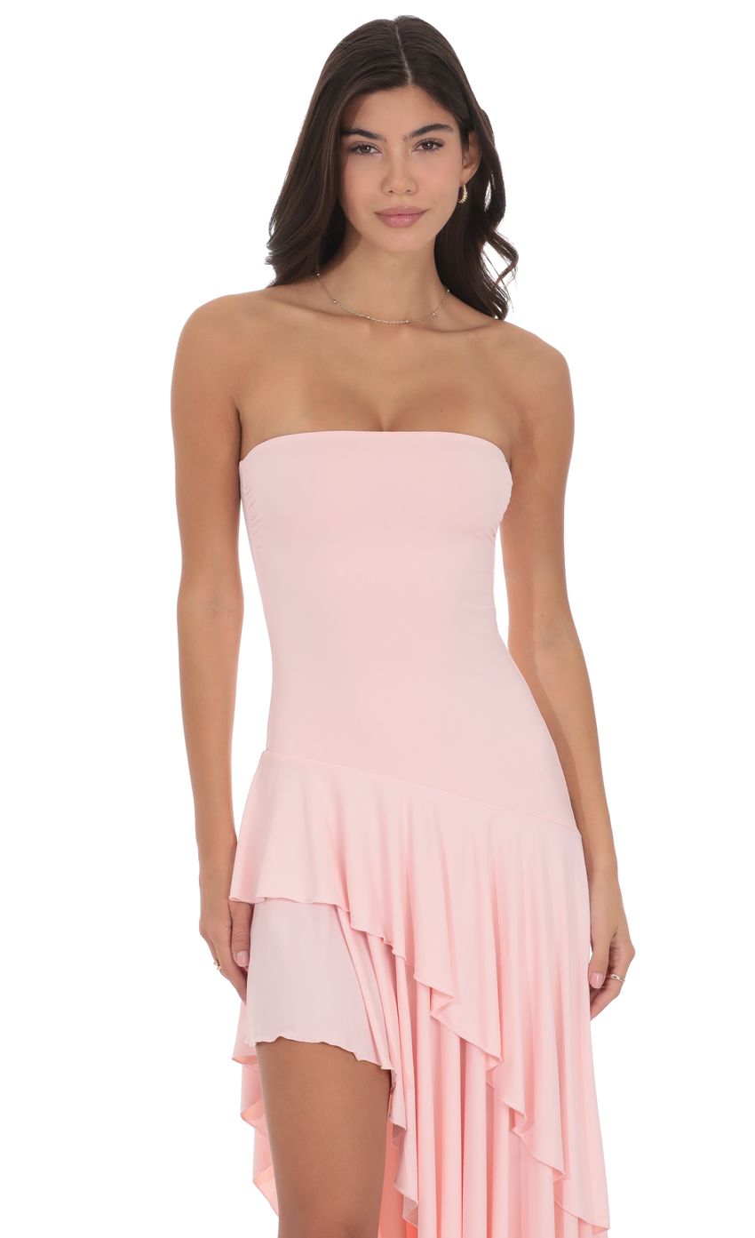 Product image for Strapless Ruffle Asymmetrical Maxi Dress in Baby Pink