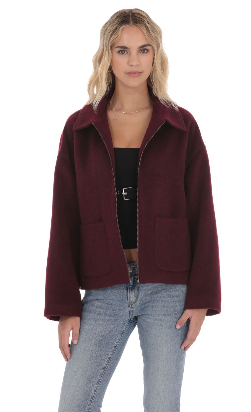 Product image for Fuzzy Zip-Up Jacket in Burgundy